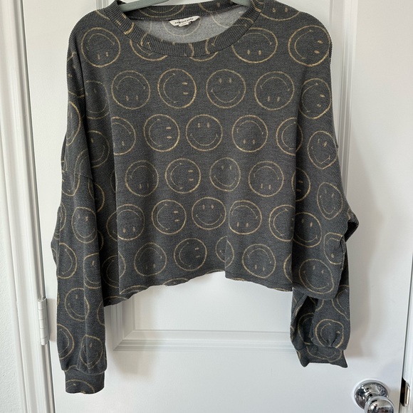 American Eagle Outfitters Cropped Pjs Smiley Face Long Sleeve Top - Picture 1 of 3